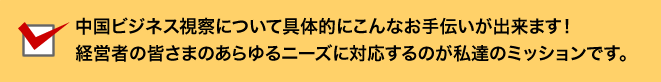 中国ビジネス視察について具体的にこんなお手伝いが出来ます！経営者の皆さまのあらゆるニーズに対応するのが私達のミッションです。